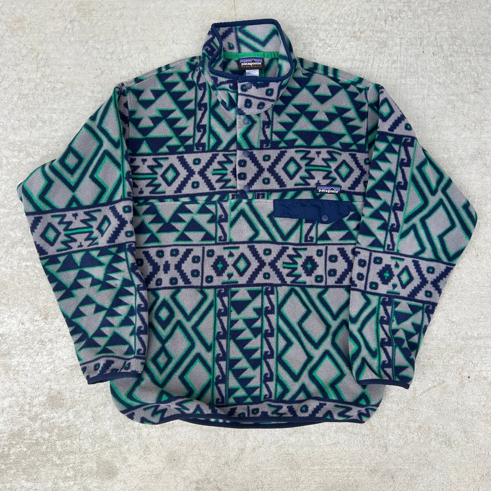 Patagonia Synchilla Snap-T Fleece Pullover Medium Grey Green Geometric Vintage